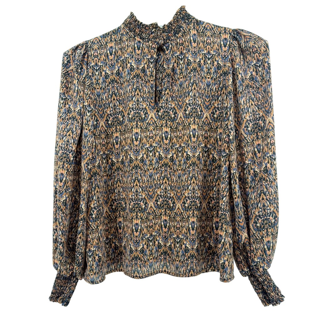 Evereve Mock Neck Puff Sleeve Blouse Abstract Print XS Made in USA